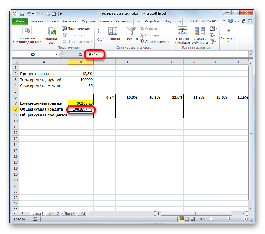 Расчет общей суммы кредита в Microsoft Excel