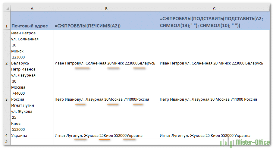 Убрать пробелы в ячейке excel