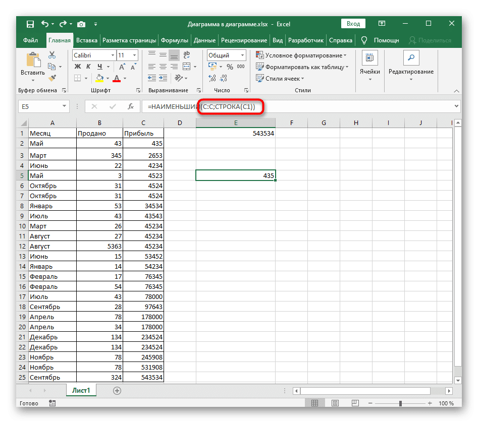 Составление формулы для динамической сортировки по возрастанию в Excel