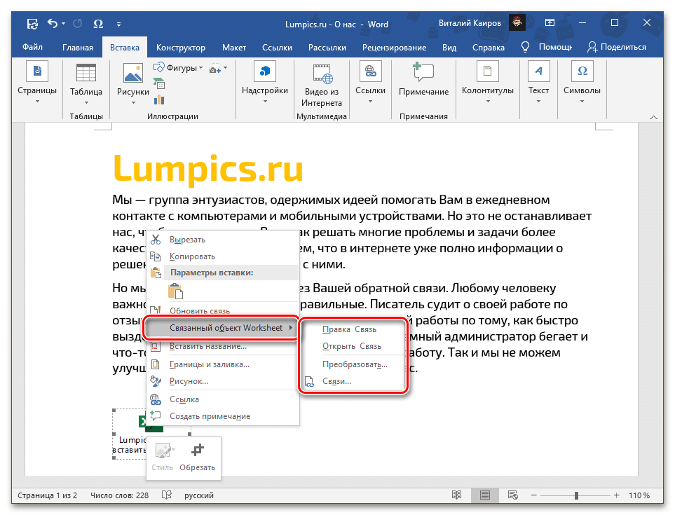 Дополнительные параметры связывания файла с электронной таблицей Excel как объекта в текстовом документе Word