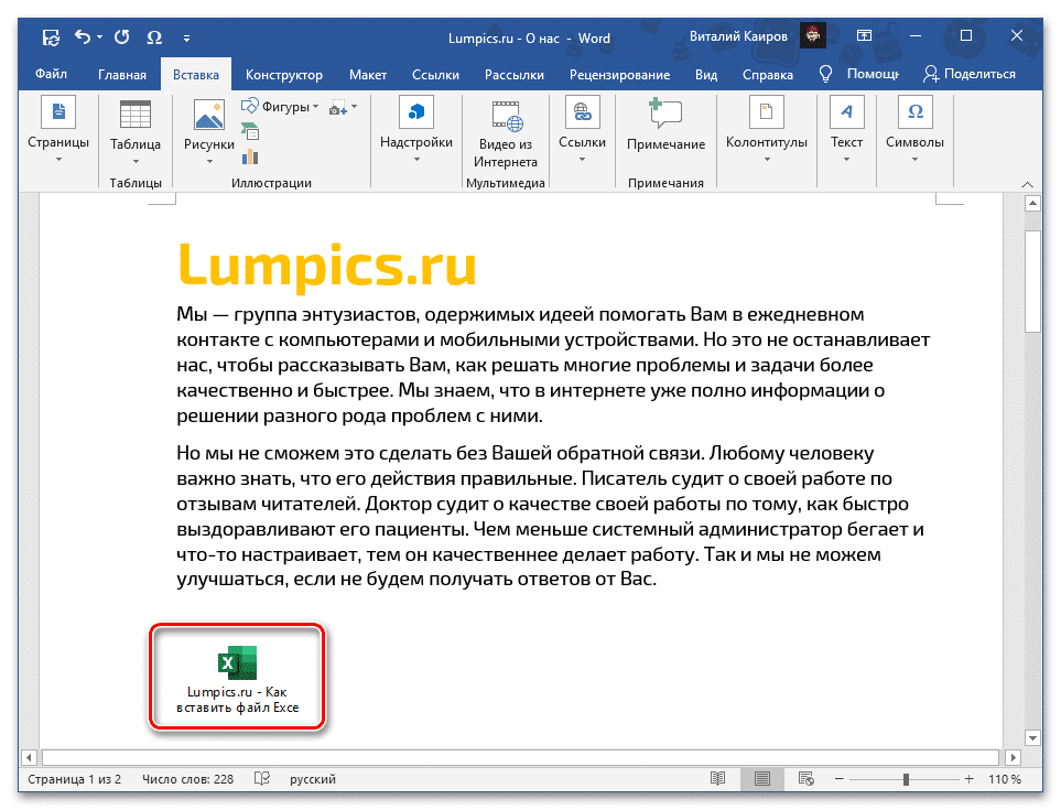 Результат вставки файла электронной таблицы Excel как объекта в текстовый документ Word