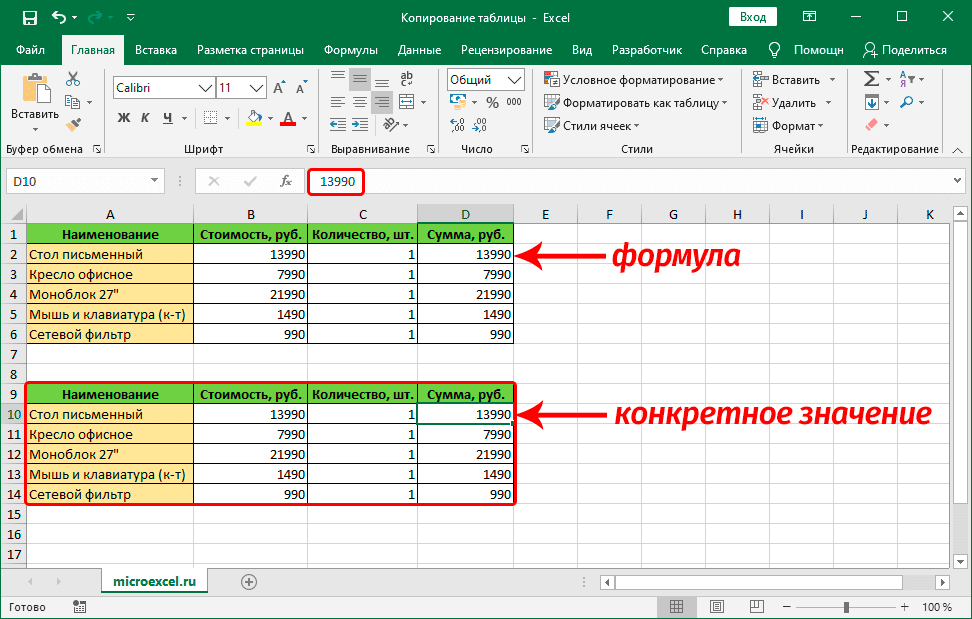 Значения таблицы скопированы с исходным форматированием в Excel
